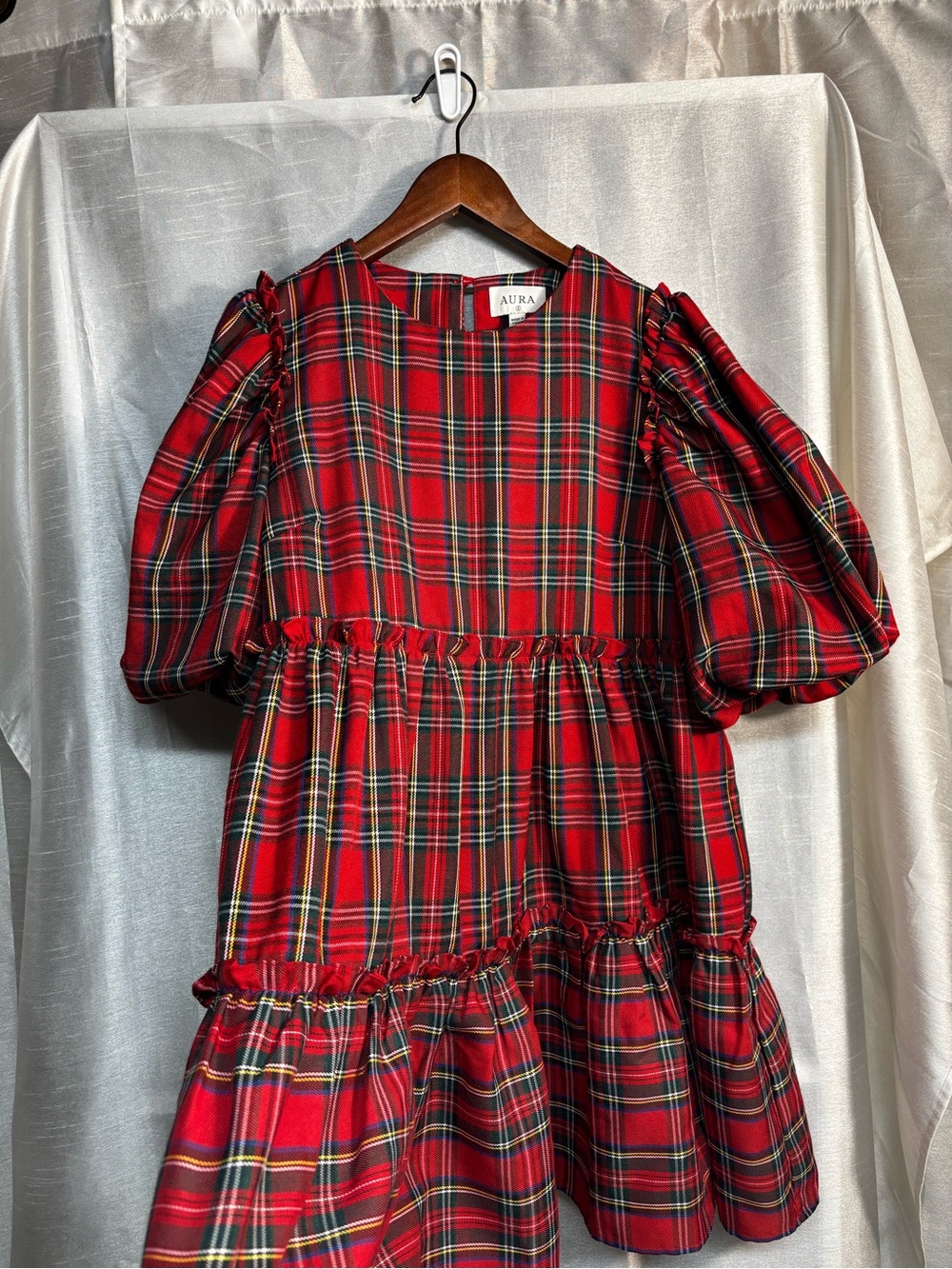 AURA Red Tartan Plaid Puff Sleeve Tiered Mini Dress Size Small holiday photo